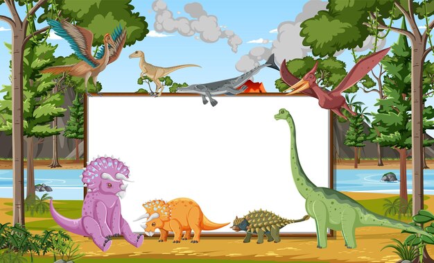 Escena con dinosaurios y pizarra en el bosque.