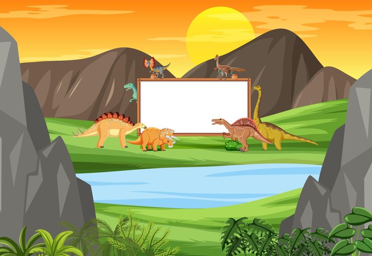 Vector gratuito escena con dinosaurios y pizarra en el bosque.