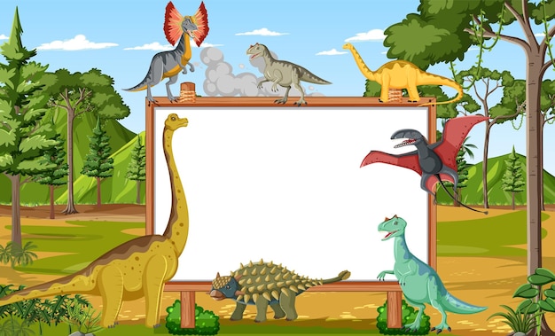 Escena con dinosaurios y pizarra en el campo.