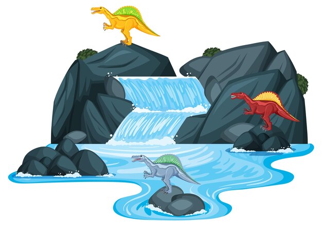 Escena con dinosaurios spinosaurus en la isla.