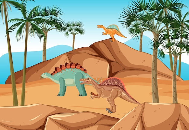 Vector gratuito escena con dinosaurios en el suelo.