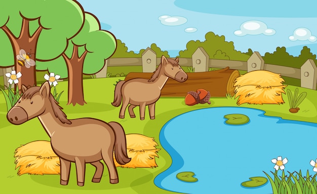 Vector gratuito escena con dos caballos en la granja.
