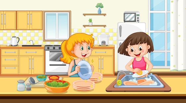 Vector gratuito escena con dos chicas lavando platos en la cocina.