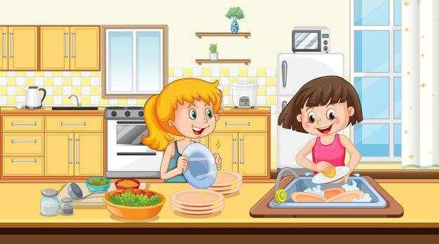 Escena con dos chicas lavando platos en la cocina.