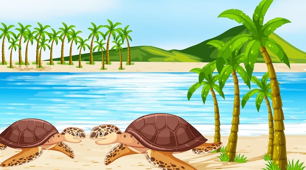 Vector gratuito escena con dos tortugas marinas en la playa.