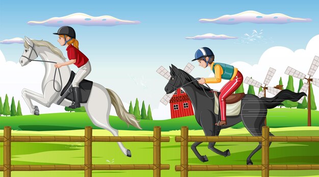 Escena de equitación con jinete y caballo.