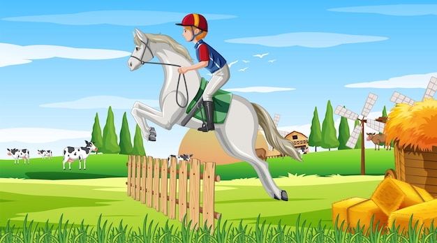 Vector gratuito escena de equitación con jinete y caballo.