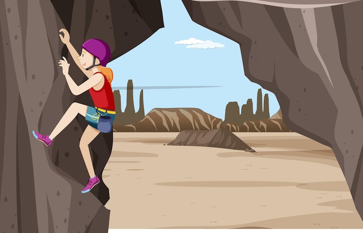 Vector gratuito escena de escalada en roca con mujer escalando sola