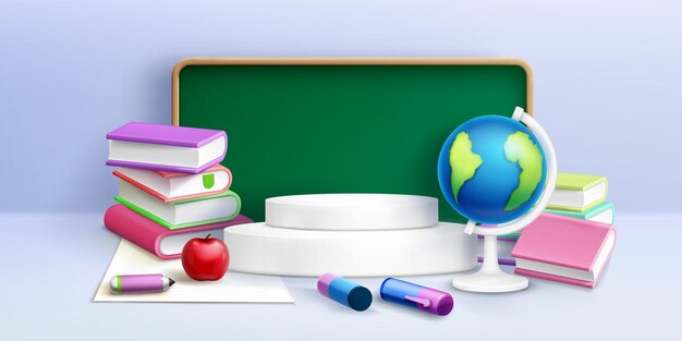 Escena escolar en 3D con podio blanco circular