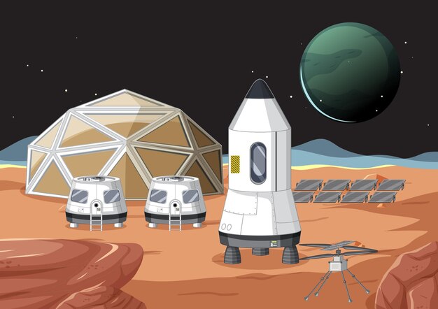 Escena del espacio exterior con nave espacial y estación.