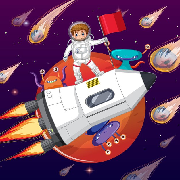 Escena del espacio ultraterrestre con astronauta de pie en una nave espacial