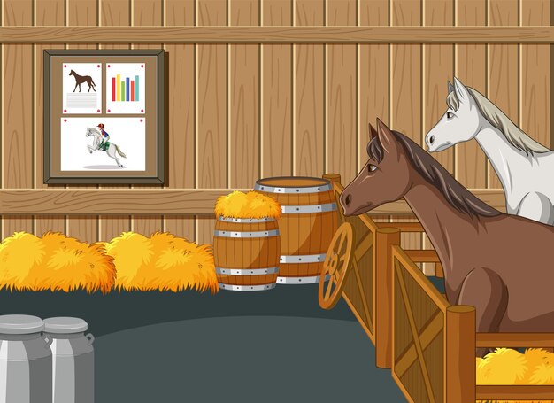 Escena estable con caballos y heno.