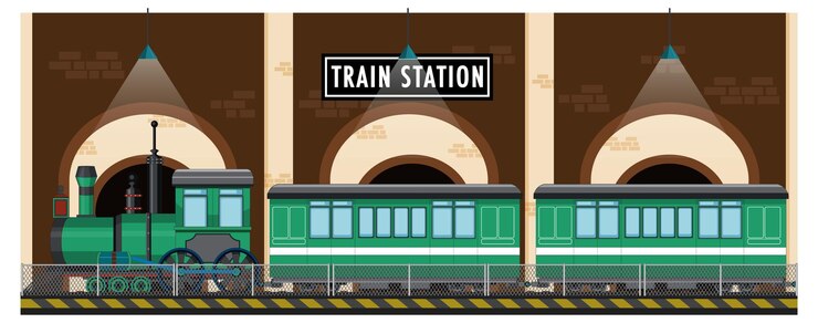 Vector gratuito escena de la estación de tren con locomotora de vapor.