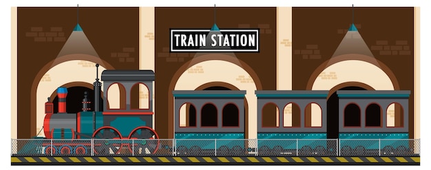 Escena de la estación de tren con locomotora de vapor.