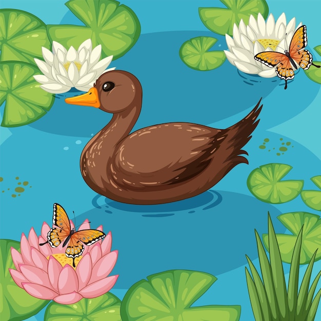 Vector gratuito escena del estanque de patos y mariposas