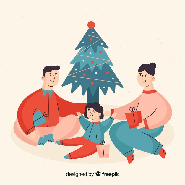 Escena de familia en navidad en diseño plano