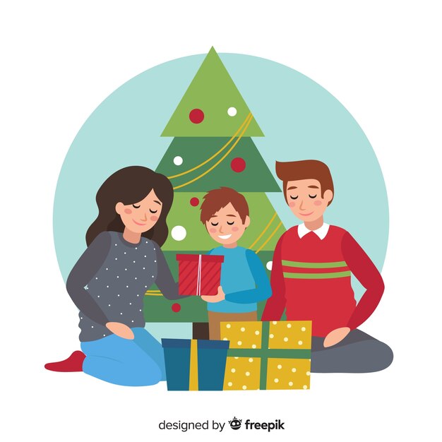 Escena de familia en navidad en diseño plano