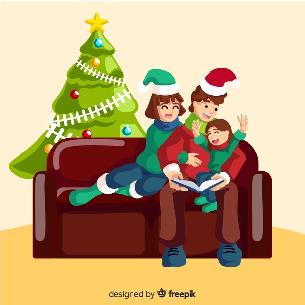 Escena de familia en navidad en diseño plano