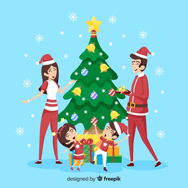 Escena de familia en navidad en diseño plano
