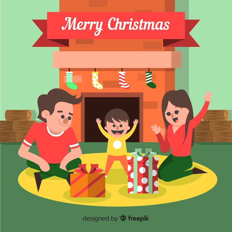 Vector gratuito escena de familia en navidad en diseño plano