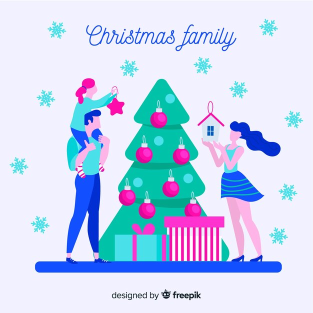 Escena de familia en navidad en diseño plano