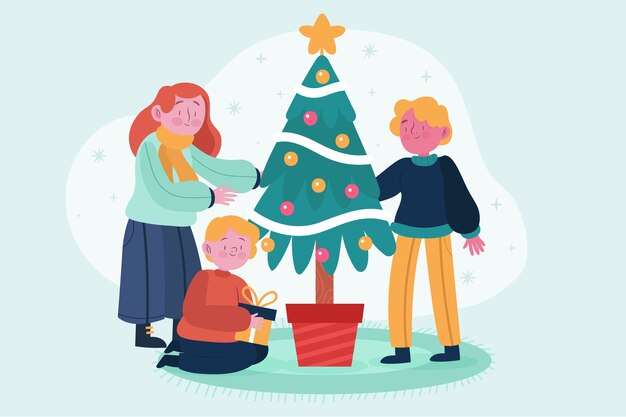 Escena familiar de Navidad con árbol
