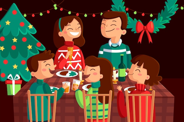 Vector gratuito escena familiar de navidad de diseño plano