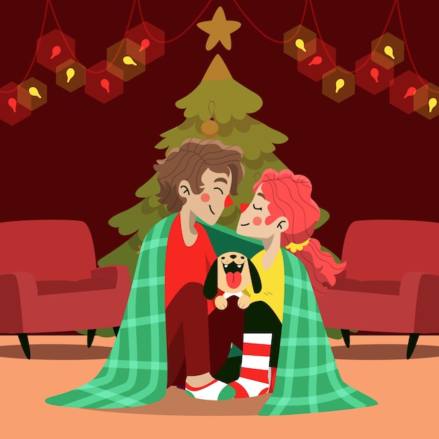 Vector gratuito escena familiar de navidad con perro