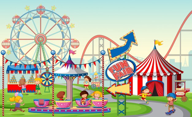Una escena de feria al aire libre o fondo con niños