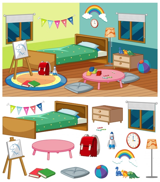 Vector gratuito escena de fondo de dormitorio con muchos muebles