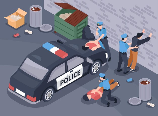 Escena del fondo isométrico de la detención de los delincuentes con el coche de policía de los oficiales y la ilustración del vector de pandillas