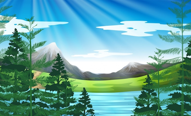 Vector gratuito escena de fondo del lago y bosque de pinos