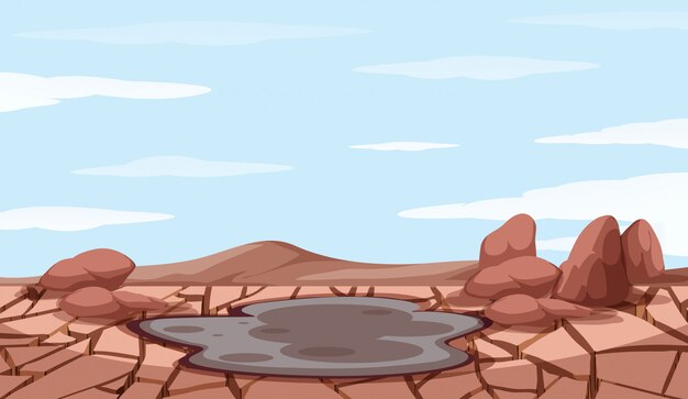 Escena de fondo con sequía y estanque de barro