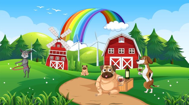 Escena de granja al aire libre con perros de dibujos animados