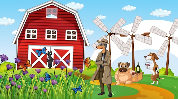 Vector gratuito escena de granja al aire libre con perros de dibujos animados