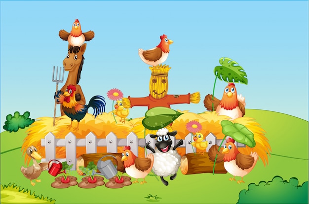 Escena de granja con estilo de dibujos animados de granja de animales