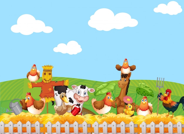 Escena de la granja con estilo de dibujos animados de granja de animales