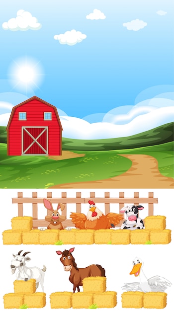 Vector gratuito escena de granja con muchos animales en la granja