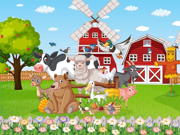 Escena de granja con muchos animales junto al granero