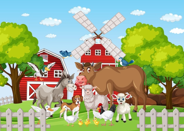Escena de la granja con muchos animales.