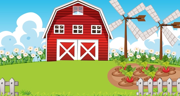Vector gratuito escena de la granja en la naturaleza con granero y molino de viento.
