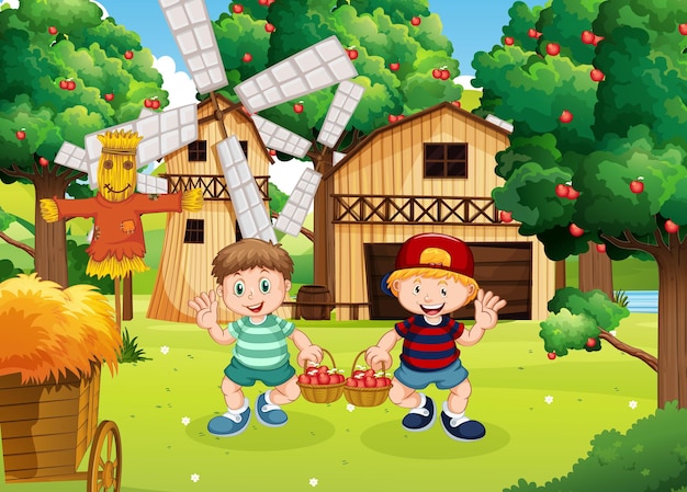 Escena de la granja con personaje de dibujos animados de niño granjero