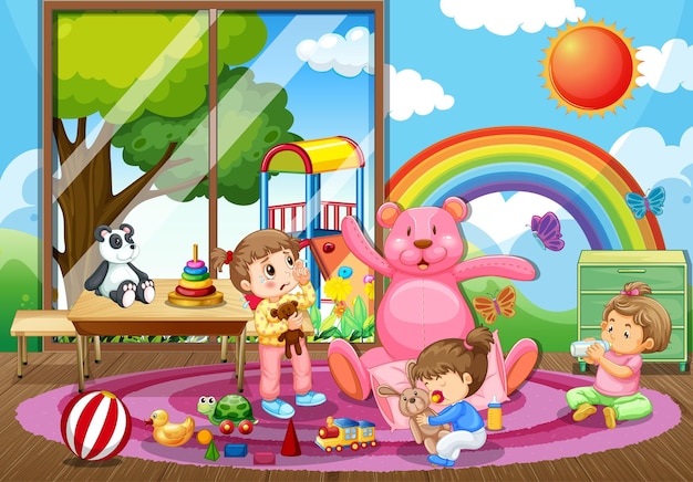 Escena de la habitación del jardín de infancia con muchos niños jugando con sus juguetes.