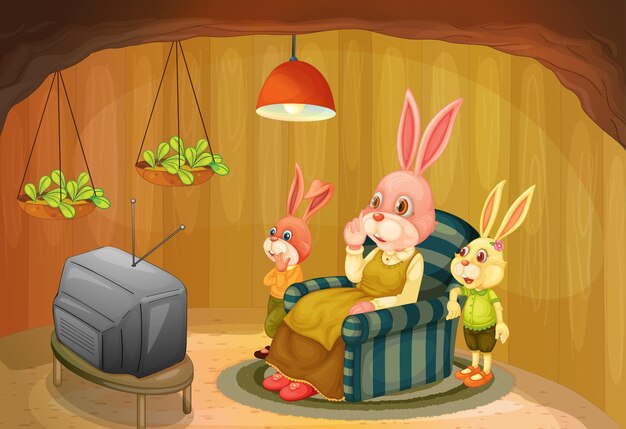 Escena de habitación subterránea con personaje de dibujos animados de la familia de conejos