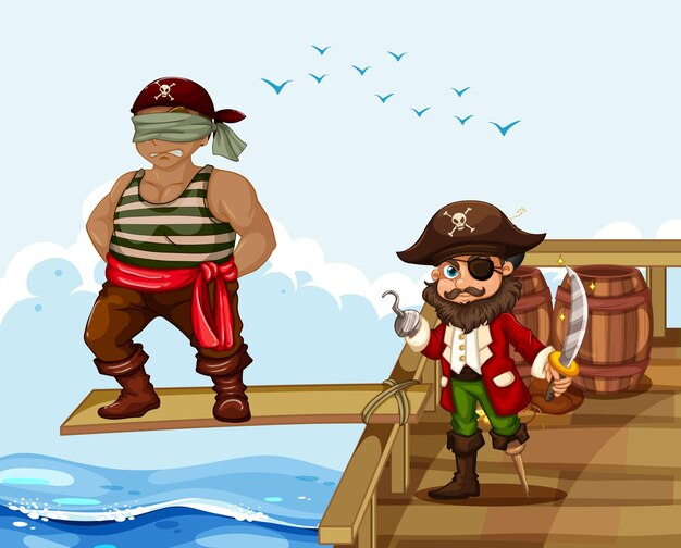 Escena con un hombre caminando por la tabla del barco.