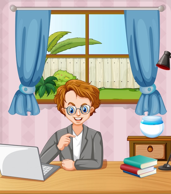Escena con hombre trabajando en la computadora en la habitación en casa