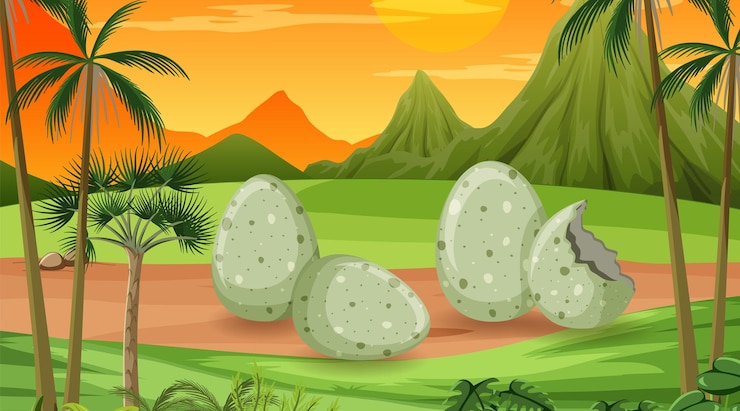 Vector gratuito escena con huevos de dinosaurio en el campo.