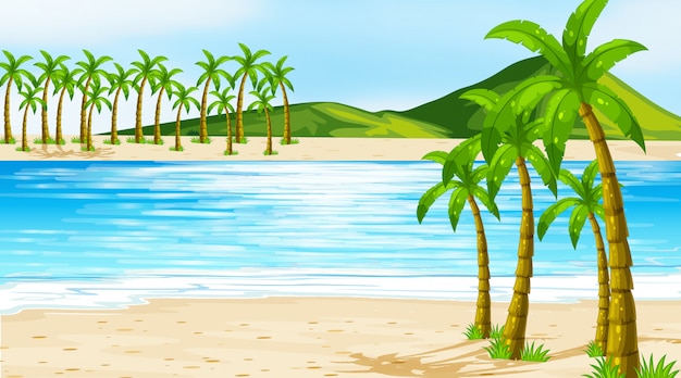 Escena de ilustración con cocoteros en la playa