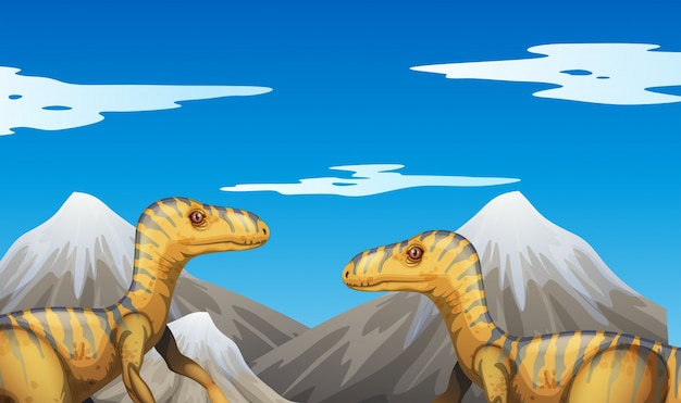 Escena con ilustración de dinosaurios y montañas