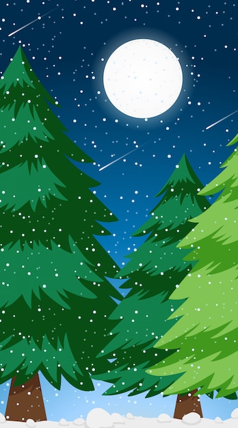 Vector gratuito escena de ilustración con nieve de invierno en bosque de pinos